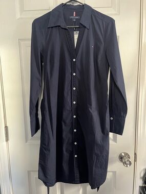 Tommy Hilfiger Navy Blue Long-Sleeve Button Front Shirt Dress with waist belt